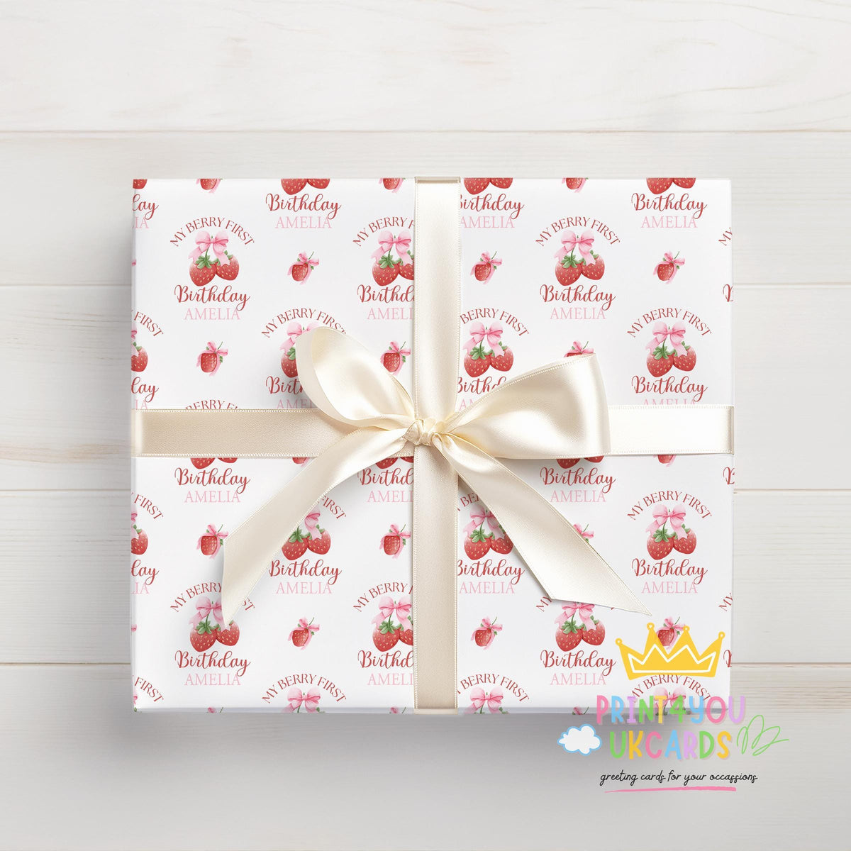 Personalised Strawberry & Bow Gift Wrap – Custom Name Wrapping Paper for a First Birthday