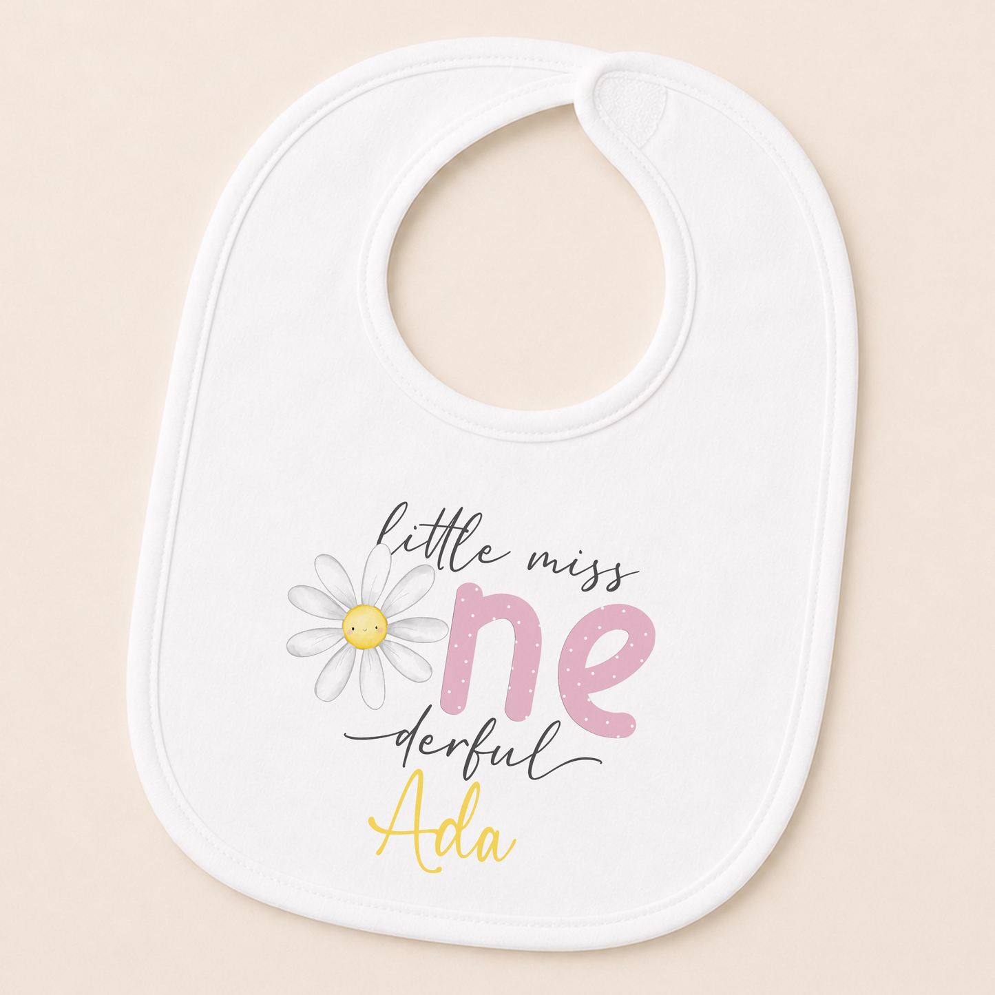 Personalised Little Miss One-derful daisy bib printed with your baby girl's name.