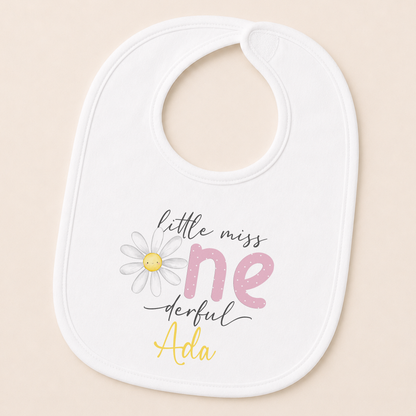 Personalised Little Miss One-derful daisy bib printed with your baby girl's name.