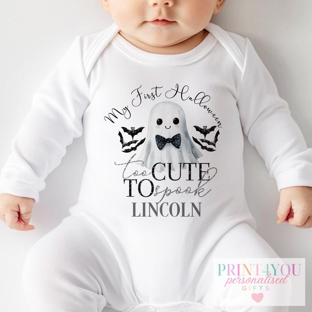Personalised baby Halloween bib with ghost and bat design, custom name print