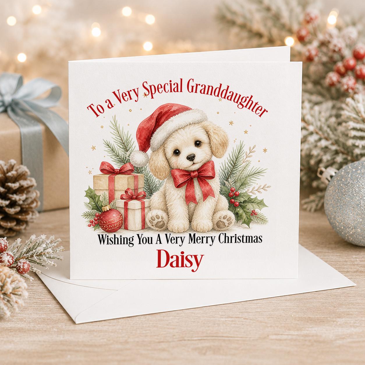 Personalised puppy Christmas card, white 6x6 inch square card printed with two puppies in red Santa hats and presents with a name