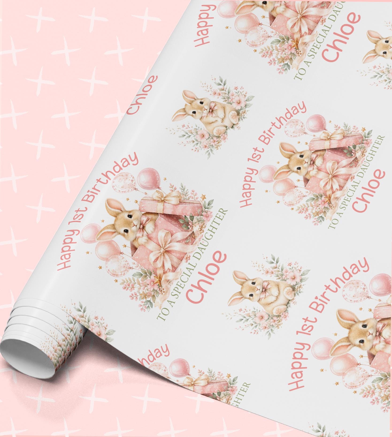 Personalised 1st birthday wrapping paper roll with bunny rabbit, pink florals and the name Chloe