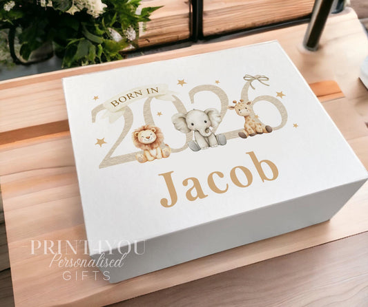 Personalised baby keepsake box with safari animal artwork and a magnetic-close lid, ready to be personalised with any name.
