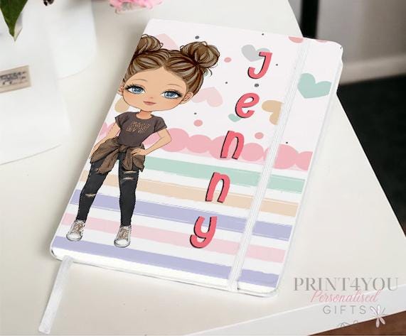 Personalised girl notebook with soft-touch PU leather cover, UV printed Girl 3 character design and custom name