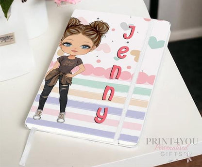 Personalised girl notebook with soft-touch PU leather cover, UV printed Girl 3 character design and custom name