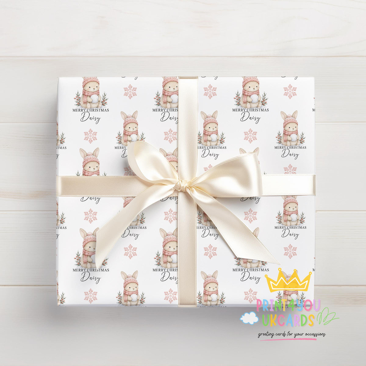 Personalised bunny rabbit Christmas wrapping paper roll rolled and ready to post in a postal tube