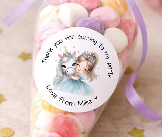 Sheet of personalised princess unicorn thank you stickers printed with a child's name for party bags