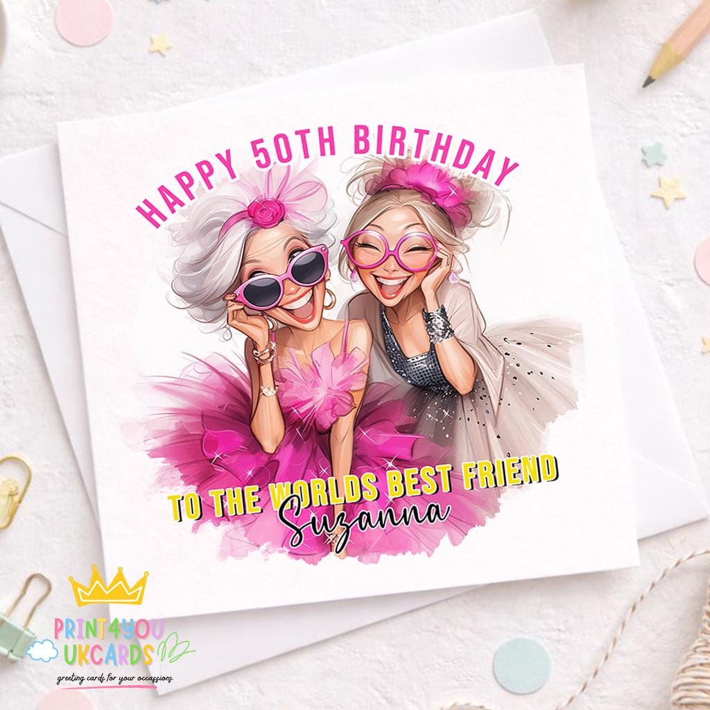 Square personalised best friend birthday greeting card, blank sample showing the design layout.