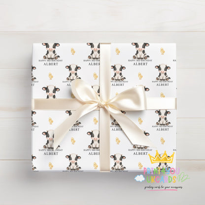 Section of the personalised cow wrapping paper showing the cow print and personalisation