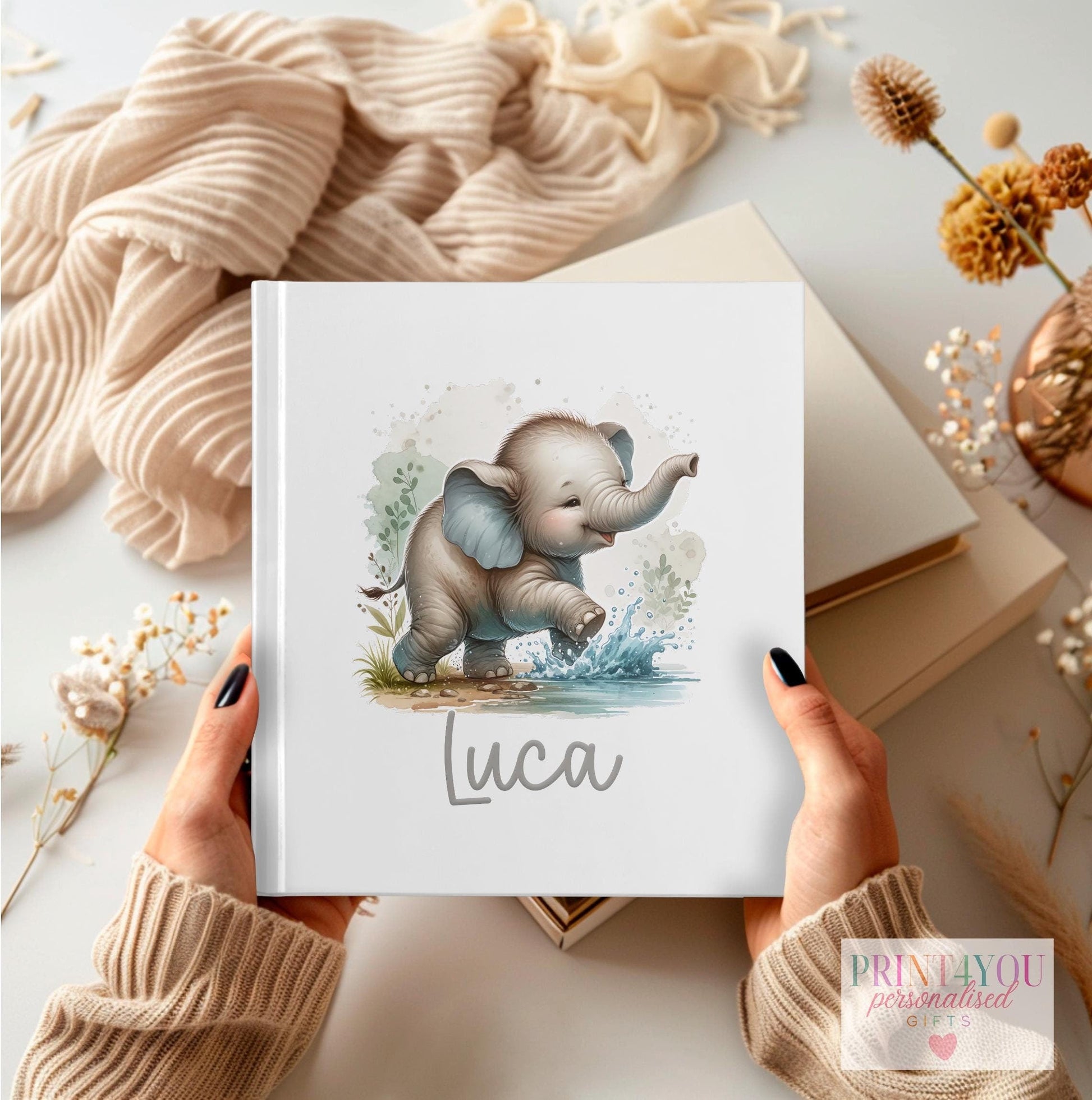 Personalised baby elephant first birthday photo album with premium PU cover, 22x22cm