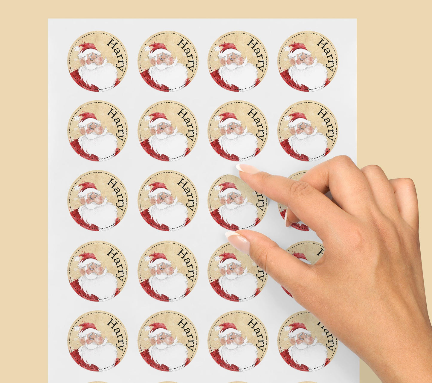 Close-up of personalised vintage Santa Christmas sticker with snowflake details and custom name
