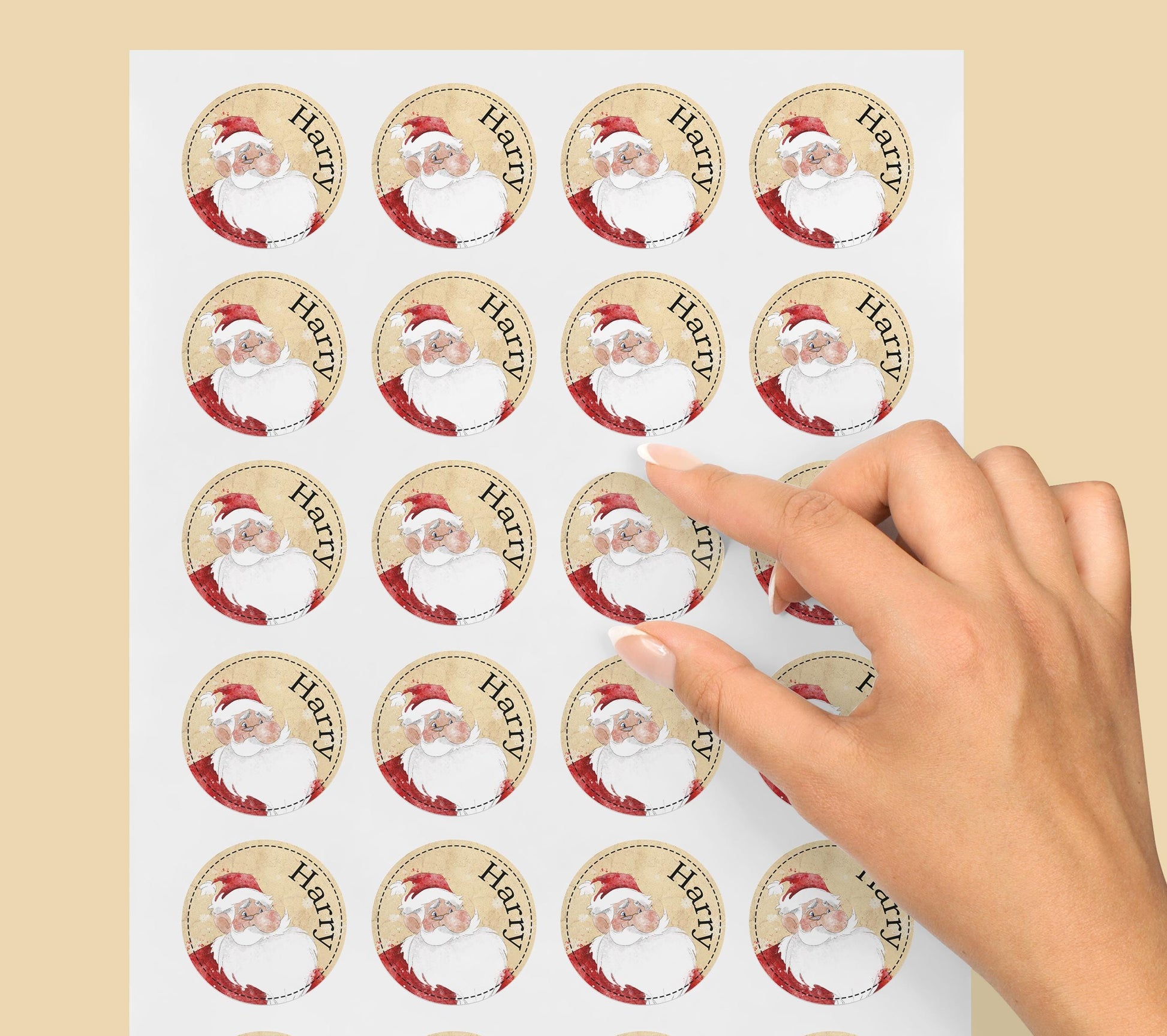 Close-up of personalised vintage Santa Christmas sticker with snowflake details and custom name