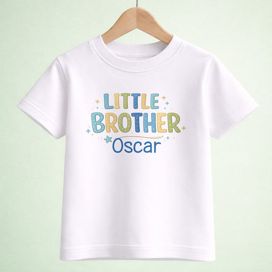 Personalised little brother baby outfit with custom name printed on soft cotton