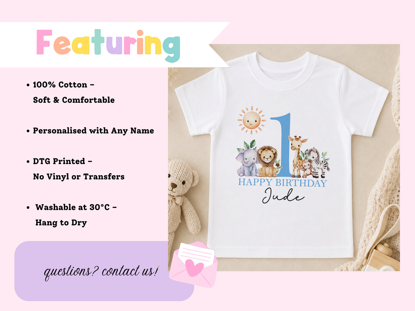 Personalised safari friends birthday t-shirt printed with a sun and jungle animals and 'Happy Birthday Jade', styled with a soft toy and a small gift envelope.