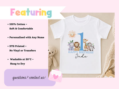 Personalised safari friends birthday t-shirt printed with a sun and jungle animals and 'Happy Birthday Jade', styled with a soft toy and a small gift envelope.
