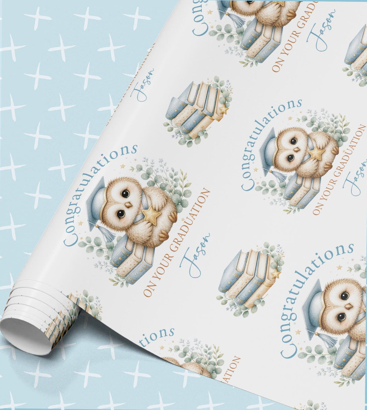 Personalised graduation wrapping paper roll with owl in a mortar board, books and the name Jessa