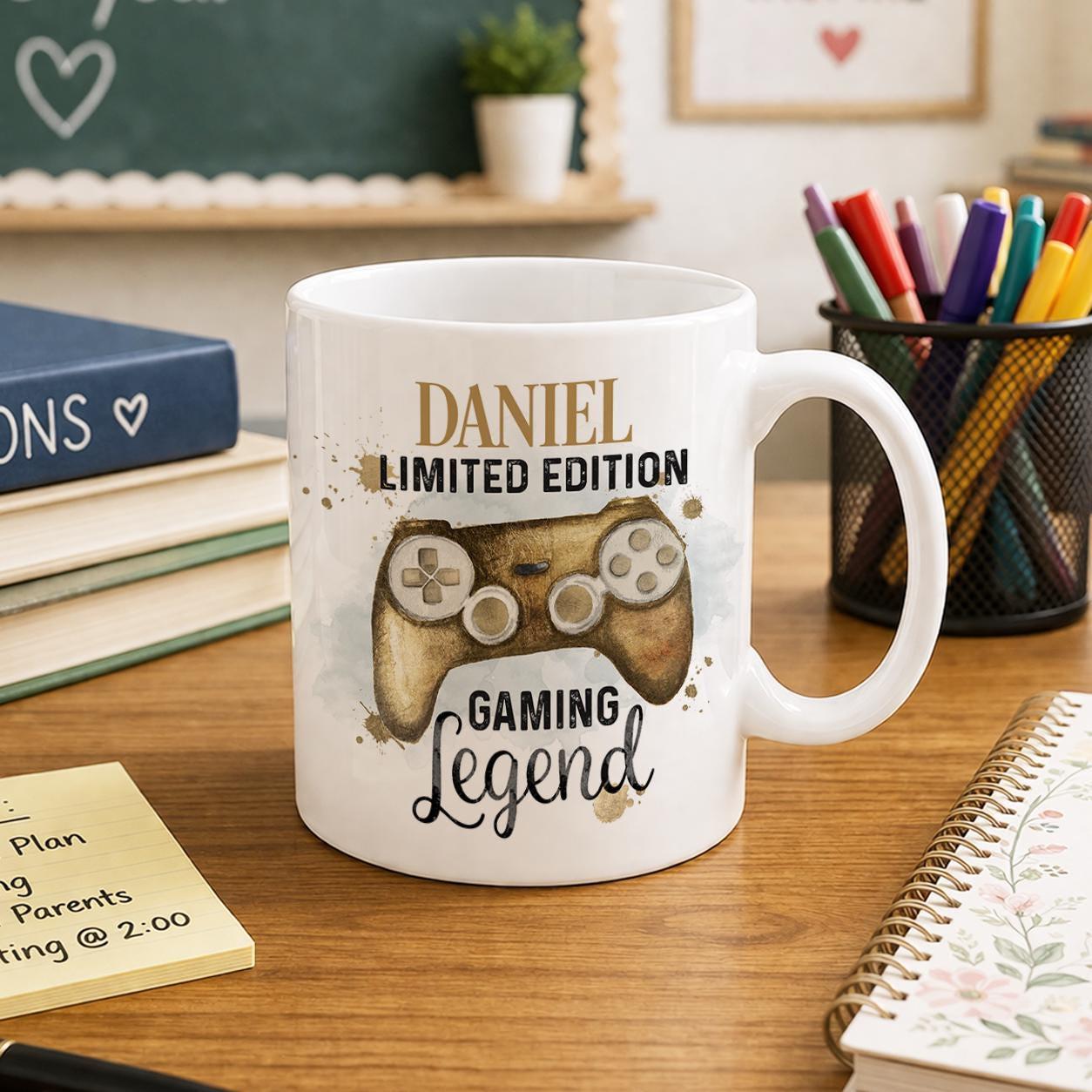 White ceramic mug printed with a gaming legend design, personalised with a name