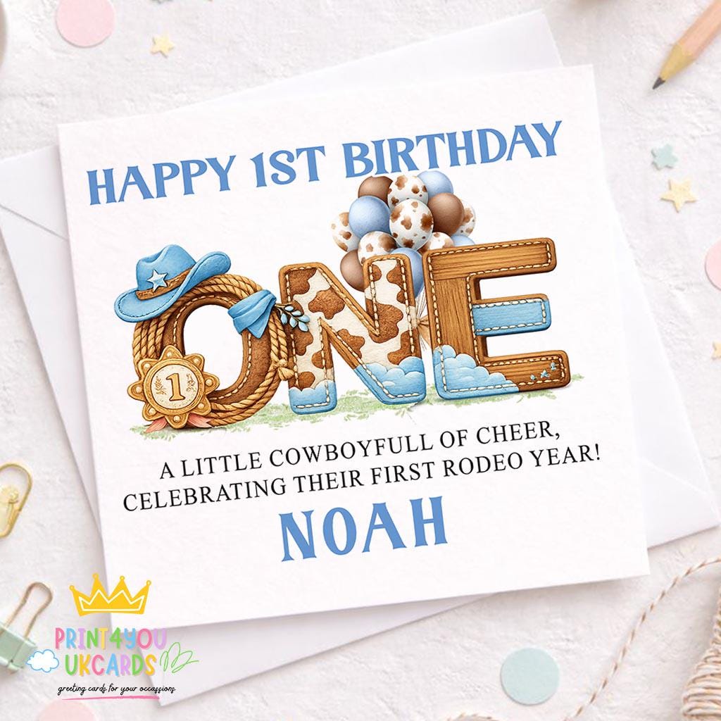 Square personalised rodeo 1st birthday card with a western cowboy design shown on white card stock.