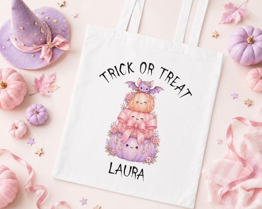 Personalised Halloween Trick or Treat Bag - Pink Pumpkin Floral Tote