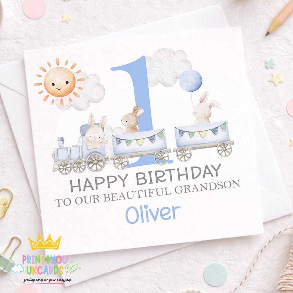 Square personalised birthday card featuring a blue train and bunny design with space for a custom name and age