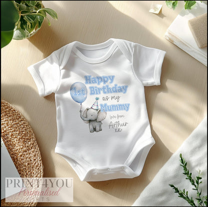 Personalised cute elephant vest printed with 'Happy 1st Birthday' and your baby's name.
