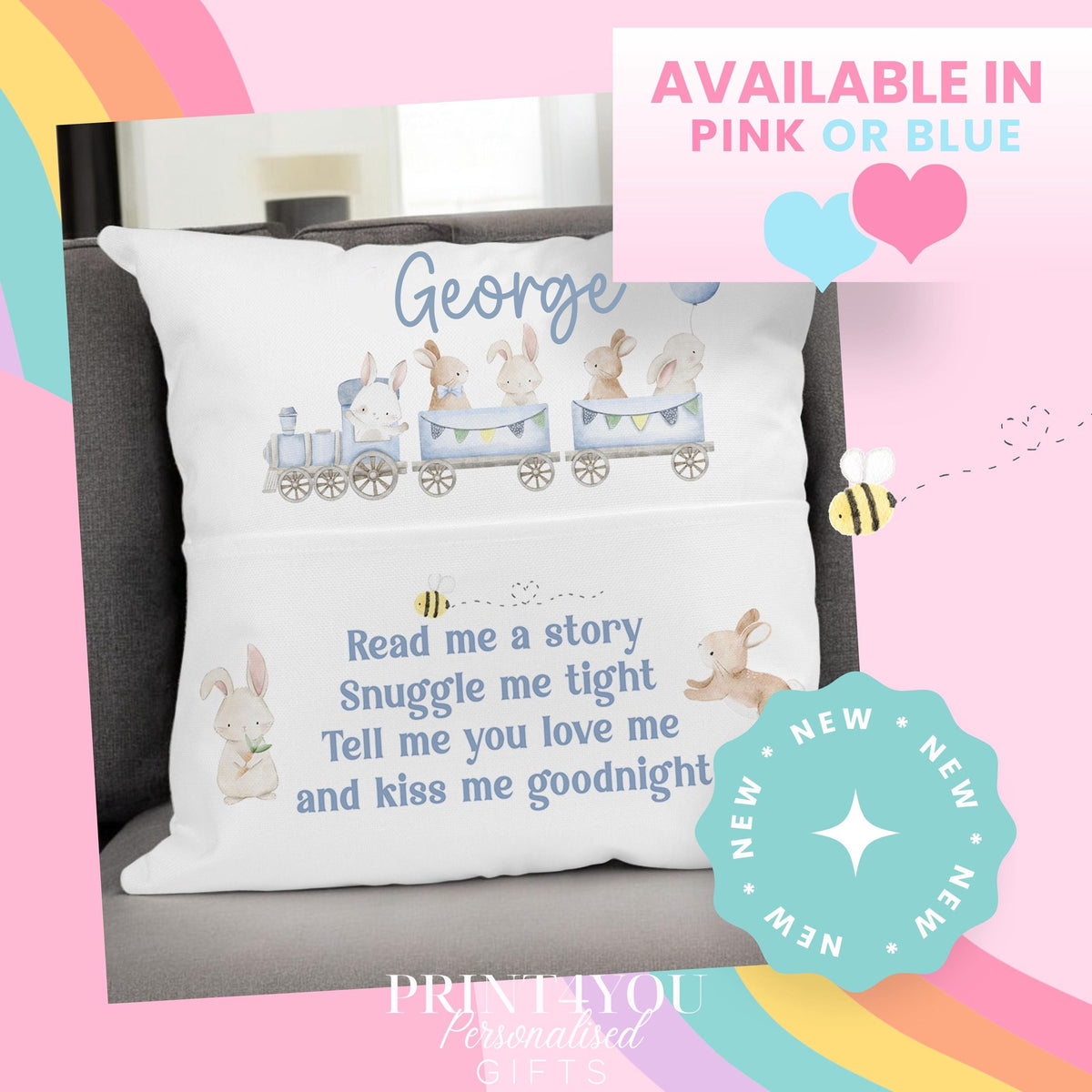 Personalised blue train and bunny rabbit book cushion styled on a child's bed