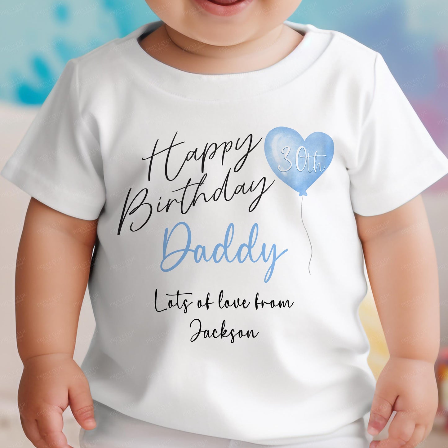 Close-up of the elephant and pink balloon design and personalised text on the Happy Birthday Daddy vest.