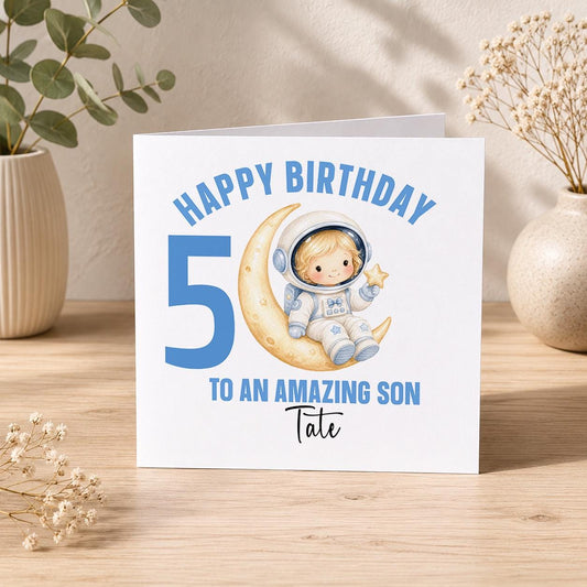 Square personalised birthday card featuring an astronaut in space design, personalised with the birthday boy's name and age.
