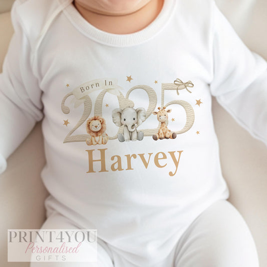 Personalised Born in 2025 safari bib, personalised with your wording.