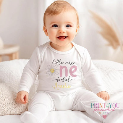 Personalised Little Miss One-derful daisy first birthday outfit, custom printed with baby girl's name.