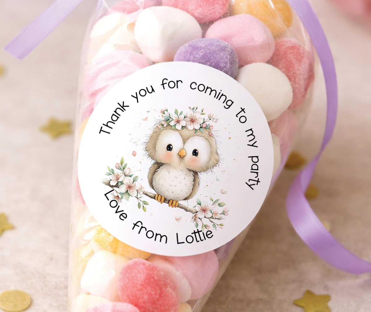 Sheet of glossy round stickers featuring a floral owl design, personalised with a name and wording