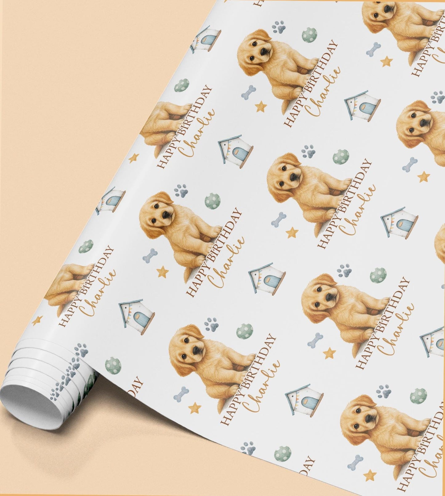 Sheet of personalised Golden Retriever birthday wrapping paper, showing a puppy illustration with a custom name, paw prints and dog toys.