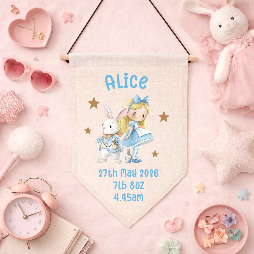 Storybook-style nursery pennant print personalised with baby name and birth details