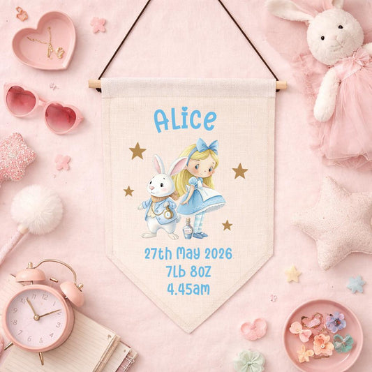 Storybook-style nursery pennant print personalised with baby name and birth details