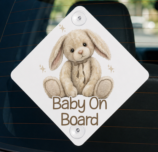 Aluminium baby on board car sign printed with a neutral teddy bear and bunny design