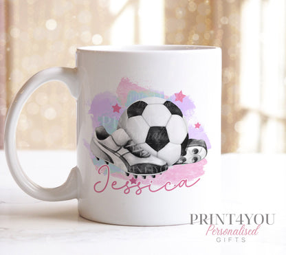 Personalised Football Birthday Mug – Pink Handle – Perfect Birthday Gift for Girls, Pink Girls Football with Boots design