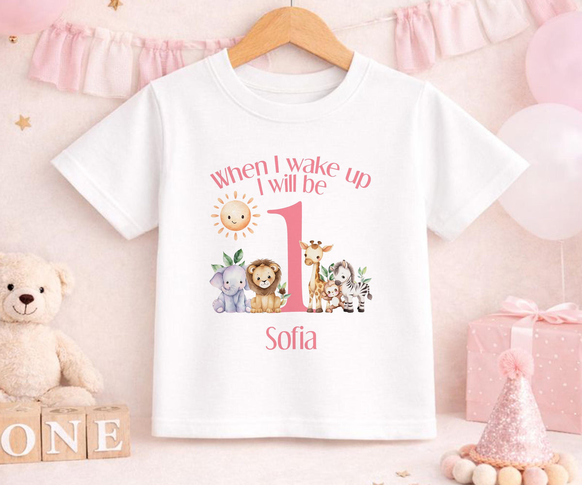 Personalised pink safari first birthday vest with custom name printed on soft cotton