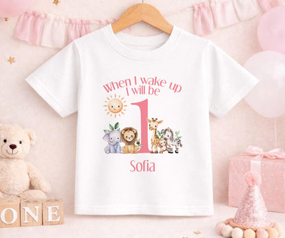 Personalised pink safari first birthday vest with custom name printed on soft cotton