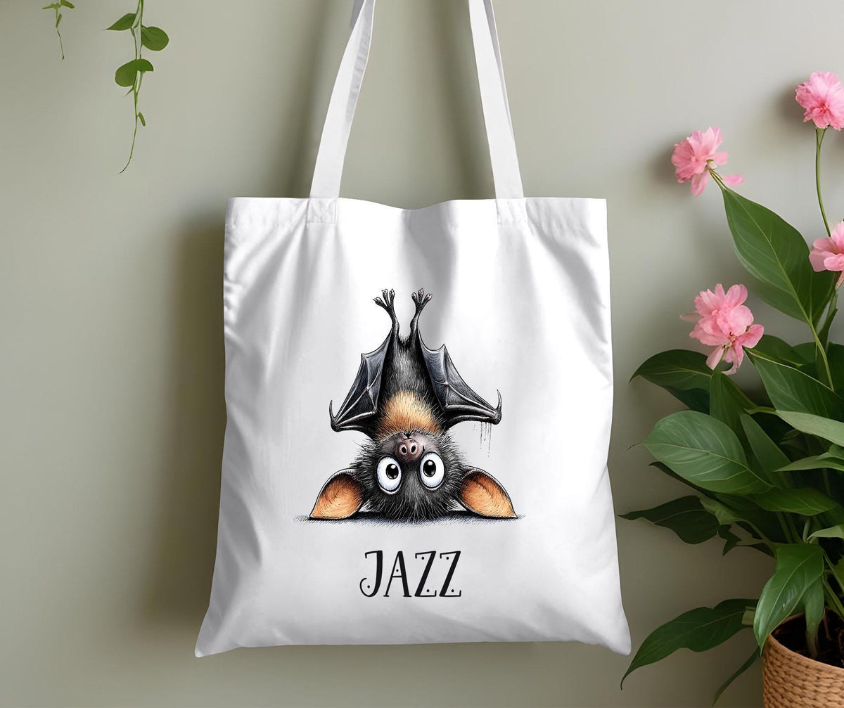 Personalised Bat Cotton Tote Bag – Custom Name Halloween Shopper in White