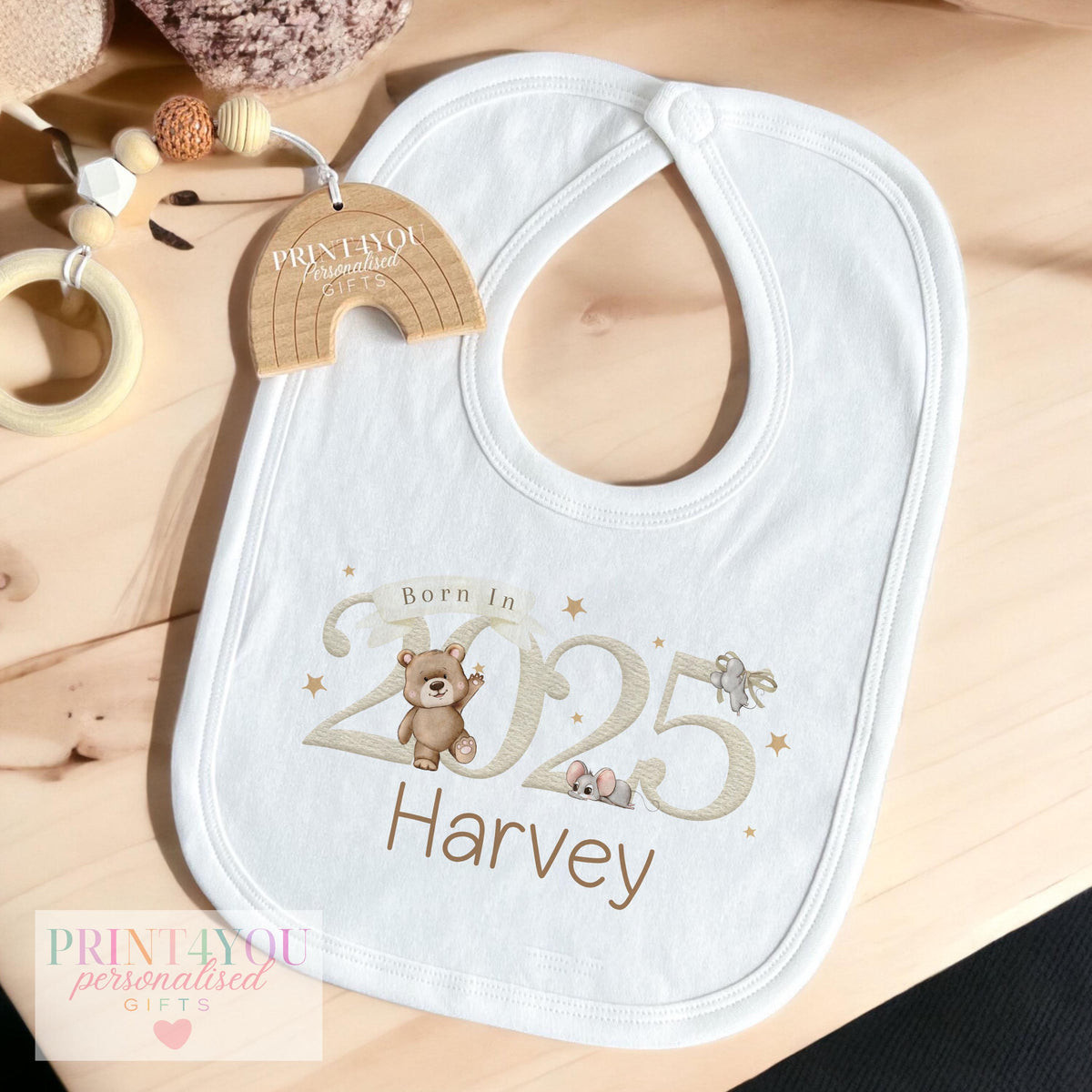 Personalised teddy bear baby vest with custom name print, soft breathable cotton.