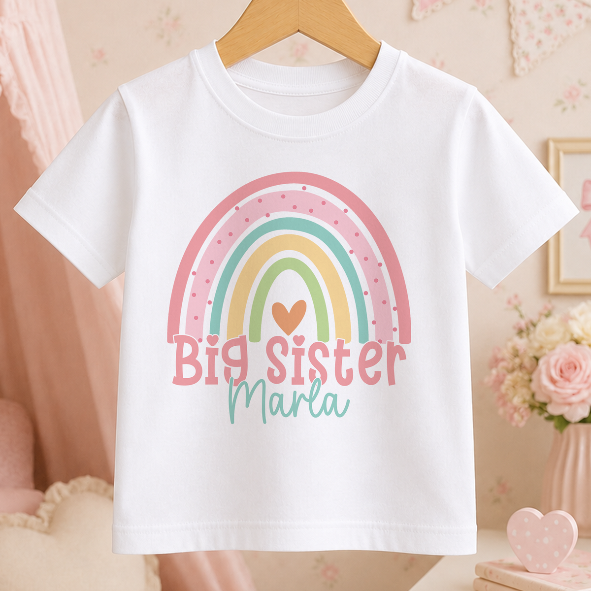 A white t-shirt with a colorful rainbow graphic and the text "Big Sister Maria" printed on it, hanging on a wooden hanger.
