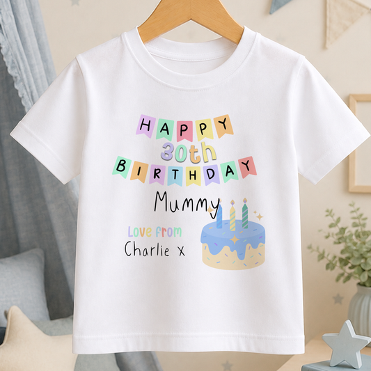 A white t-shirt with a birthday message printed on it, celebrating a 30th birthday.