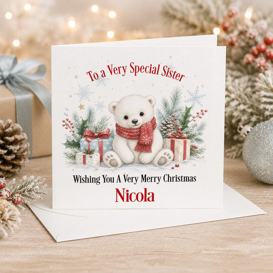 Personalised polar bear Christmas card, white 6x6 inch square card printed with a polar bear cub in a red scarf and presents with a name