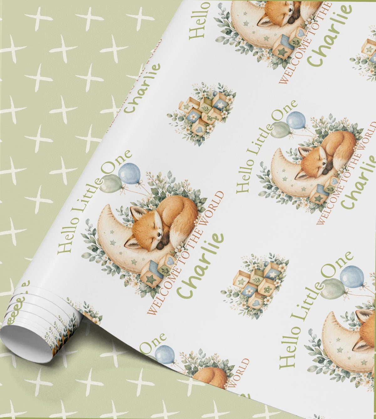 Personalised Hello Little One new baby wrapping paper roll with sage green fox design and the name Charlie