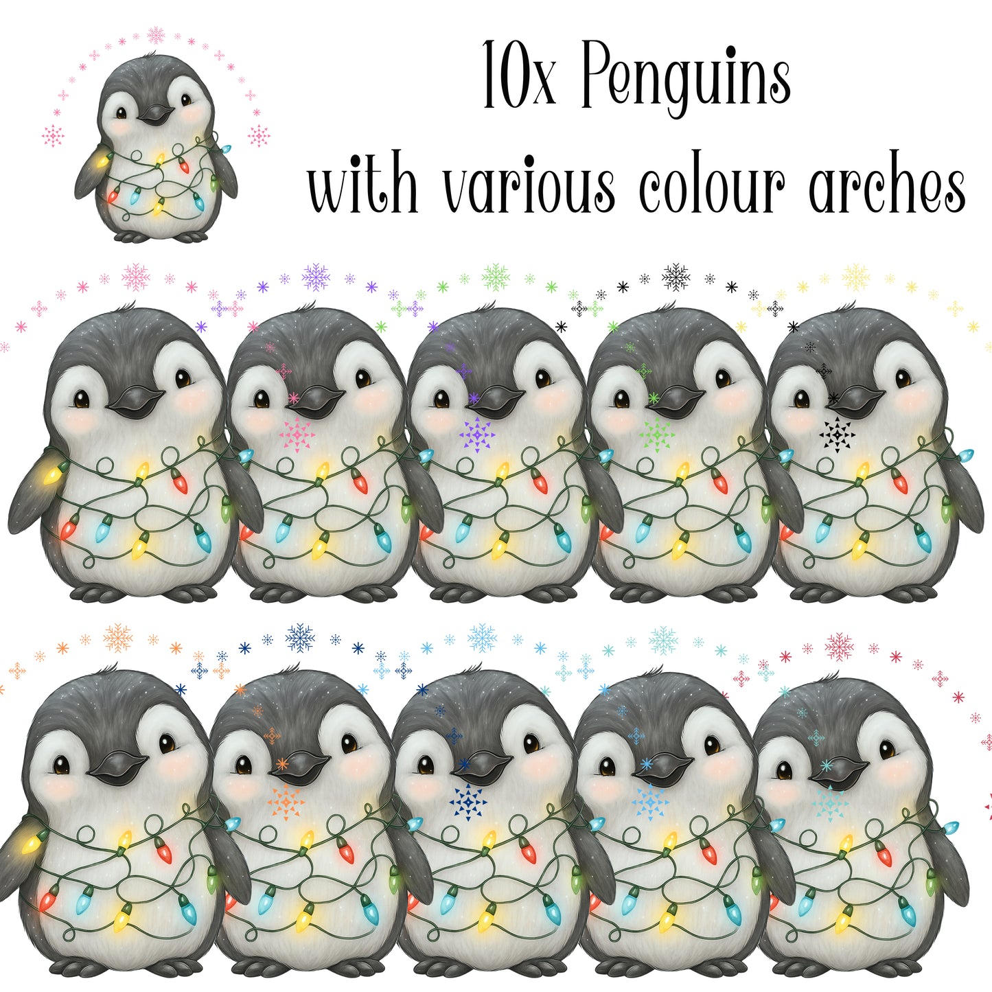 Digital Design – 10 x PNG images – Penguin Tangled in Lightswith coloured arch.