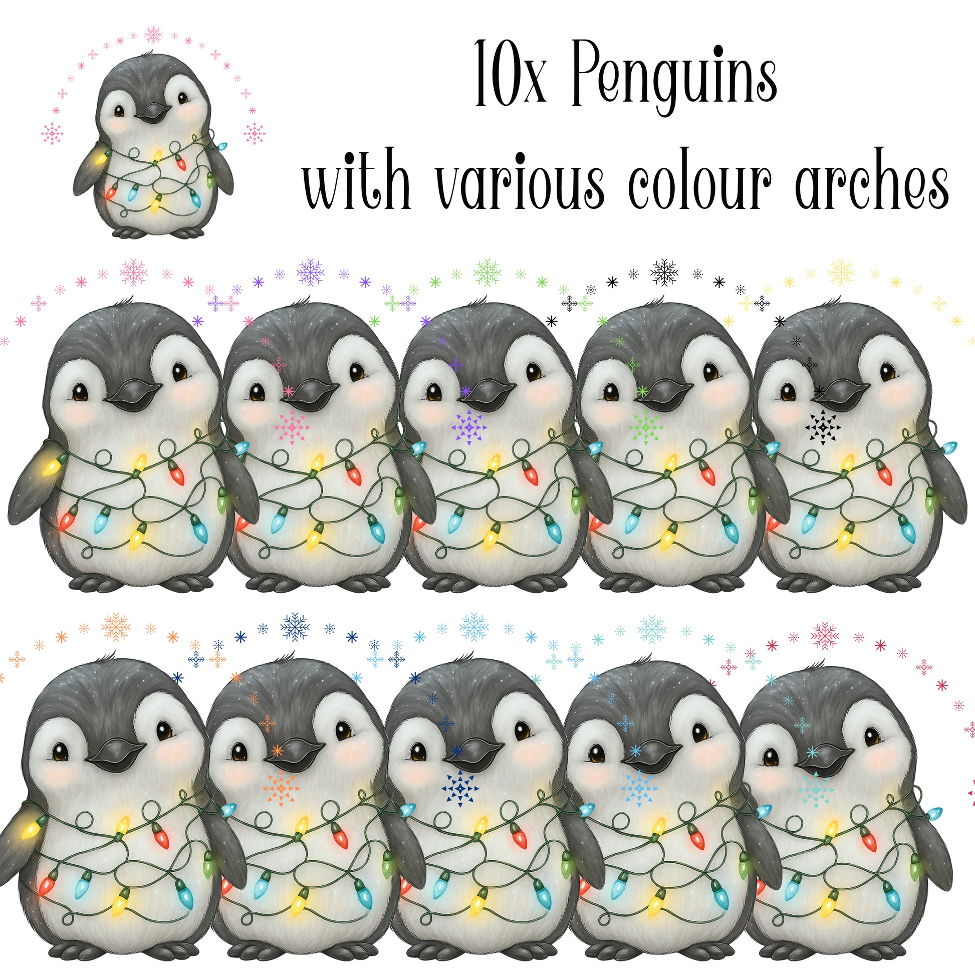 Digital Design – 10 x PNG images – Penguin Tangled in Lightswith coloured arch.