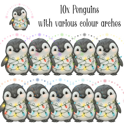 Digital Design – 10 x PNG images – Penguin Tangled in Lightswith coloured arch.