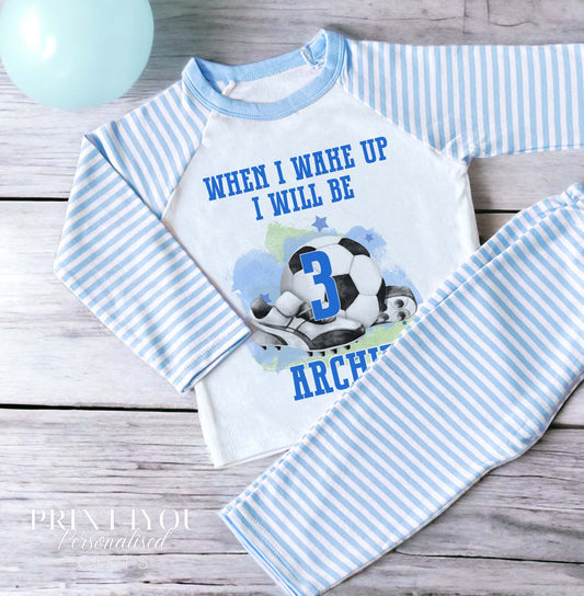 Personalised blue and white striped football pyjamas for boys with 'When I Wake Up' football print and custom name on the front, size 6-12 months