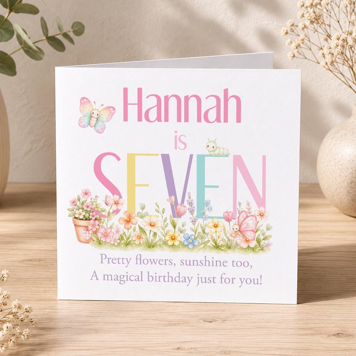 Personalised butterfly birthday card with floral design for girls
