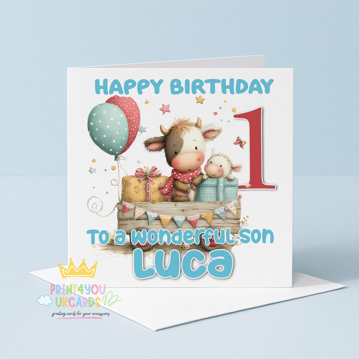 Square 1st birthday card featuring a blue farm cow illustration, a large number and space for the child's personalised name.
